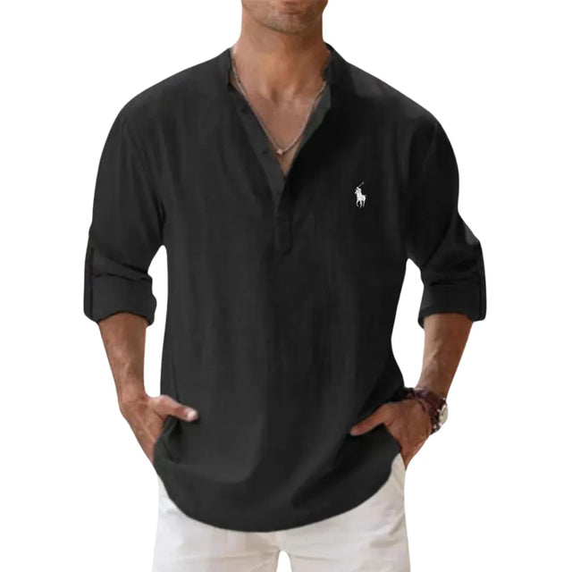 Autumn linen shirt with a Henley collar